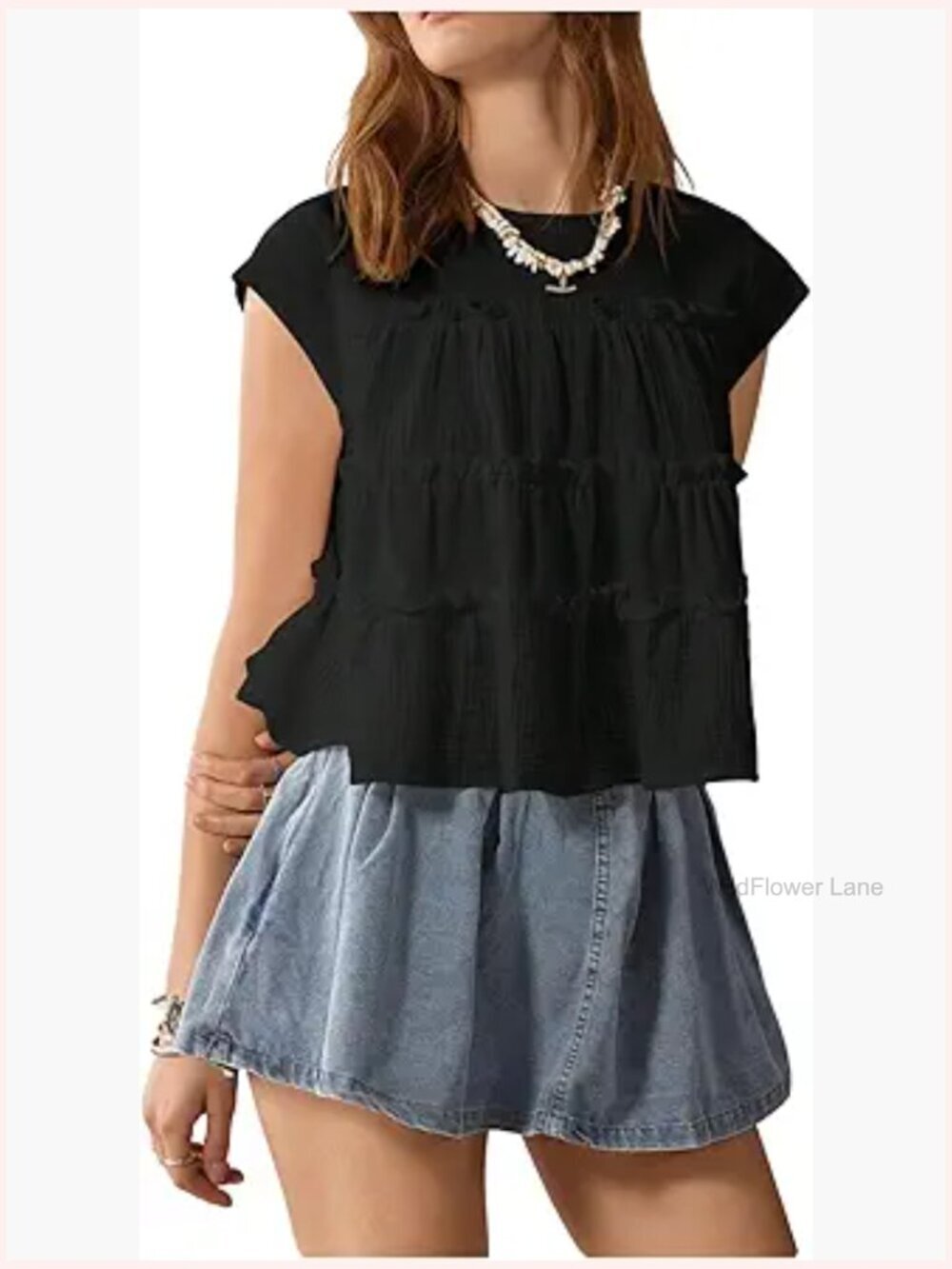 Ruffle Babydoll Flowy Top Cap Sleeve Crop Blouse Cute Summer